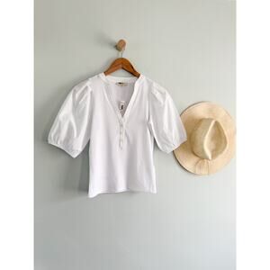 Madewell | NWT Puff Sleeve Henley Knit Top White Short Sleeve | Sz XS